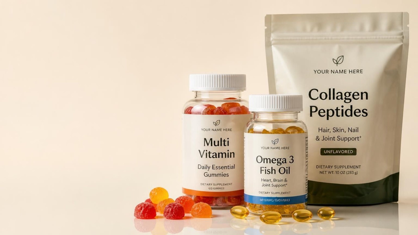 Private label collagen peptides, gummies and omega 3 products