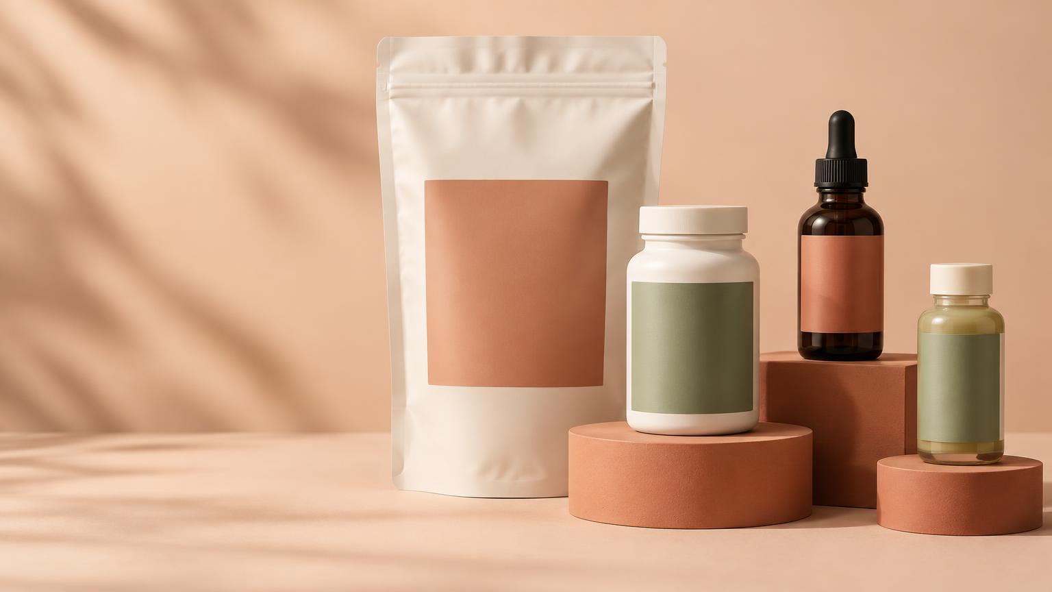 Illustrative private label powder, capsule, tincture and shot packaging
